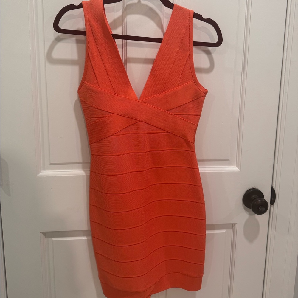 Herve Leger Deep Sea Coral Ruched V-Neck Bodycon Dress
